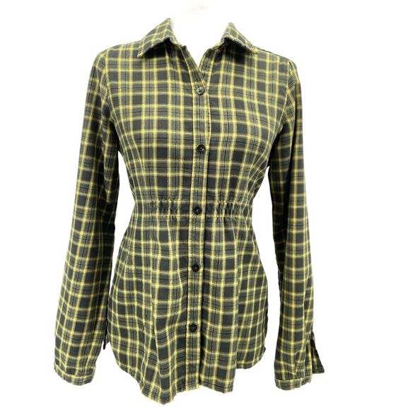 Royal Robbins Womens Button Up Plaid Green‎ Yellow Size Med Zip Pocket Elastic - Picture 1 of 9